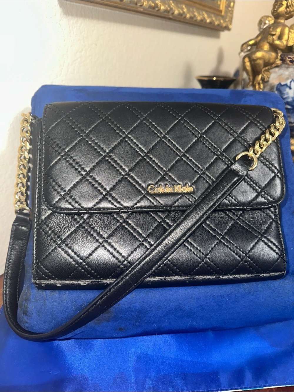 Calvin Klein Black Quilted Leather Crossbody with Gold Chain